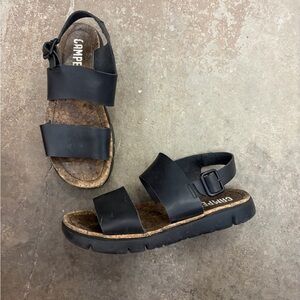 Camper Black Leather Double-Strap Cork Sandals